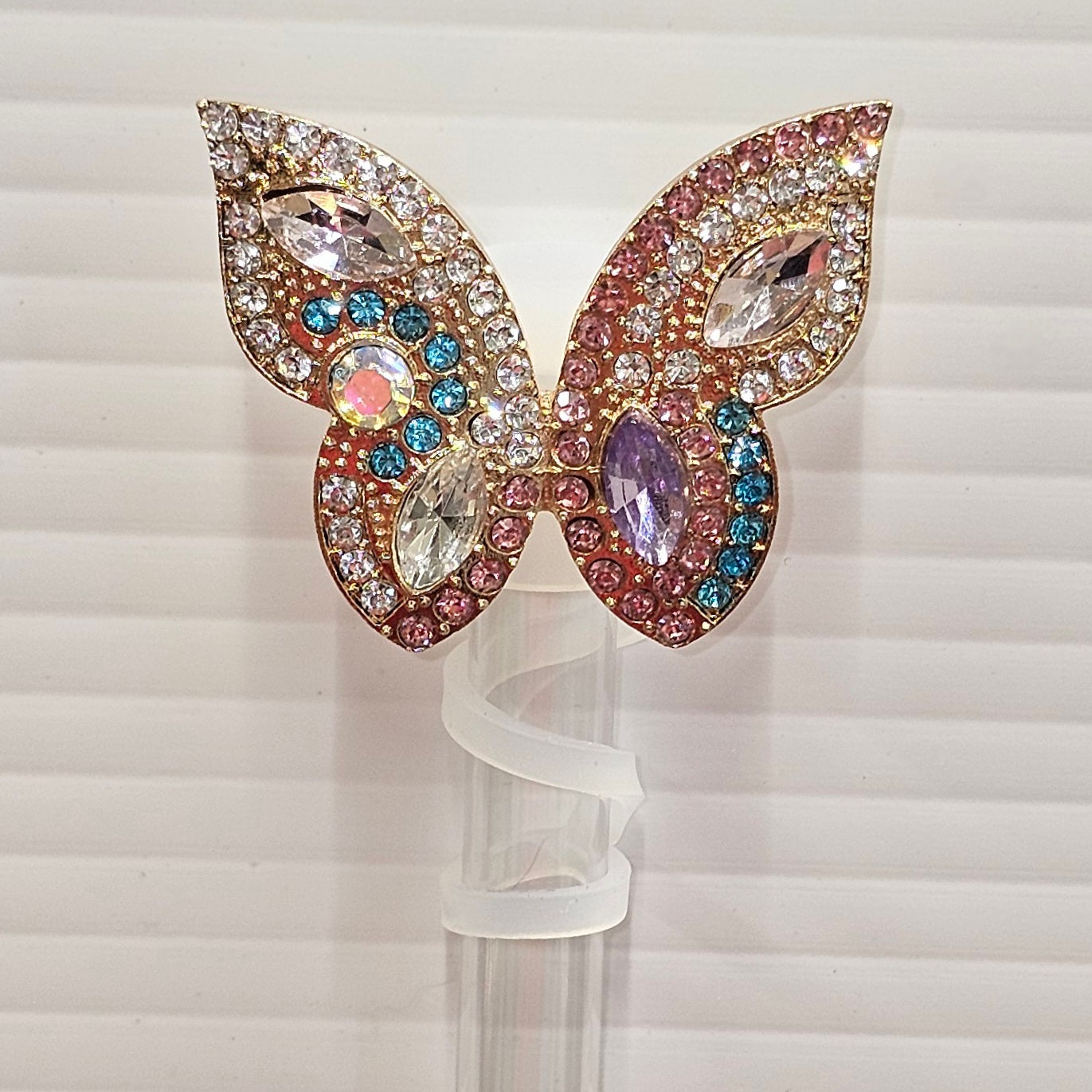 Luxury metal gold, pink, teal, and diamond butterfly straw topper - straw cover. 