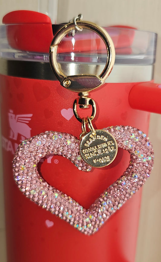 Sweetheart Pink rhinestone glitter heart charm pendant. Use as a tumbler straw charm, purse charm, backpack charm, keychain charm, bag charm. 