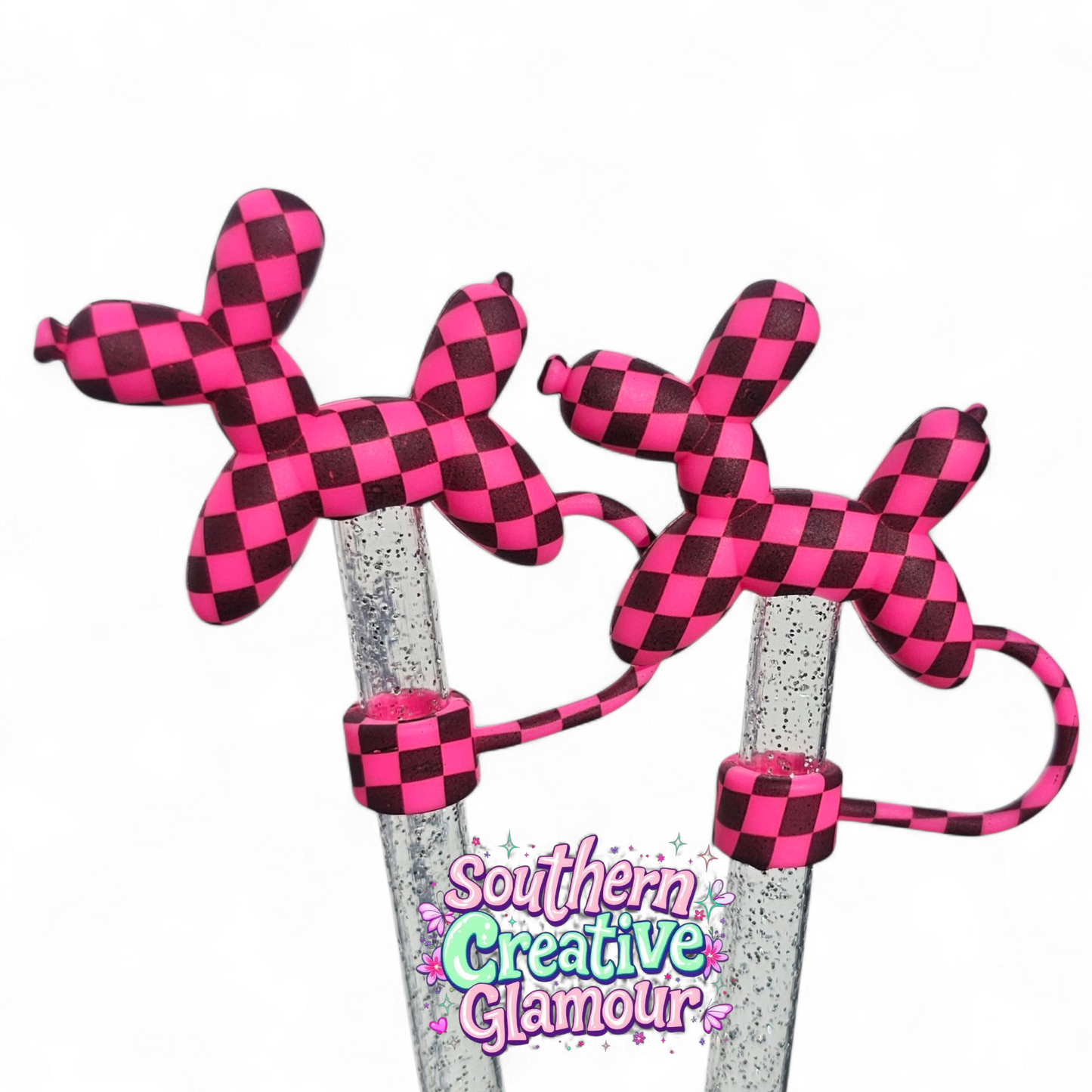 Pink Galaxy Checkers Balloon Dog 10mm Straw Topper