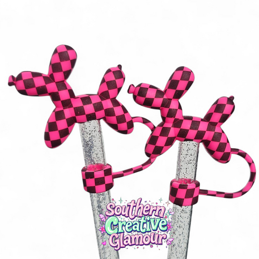 Pink Galaxy Checkers Balloon Dog 10mm Straw Topper
