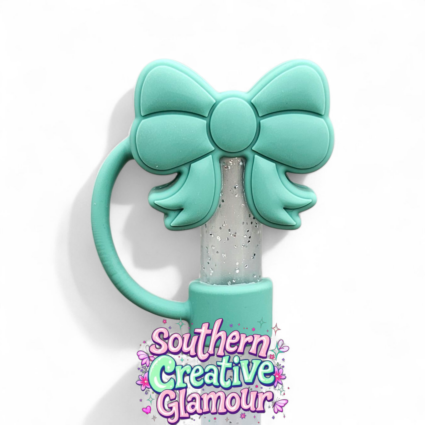 Shale green Girly Coquette 3D Ribbon Bow Silicone 10mm Straw Toppers by Southern Creative Glamour 