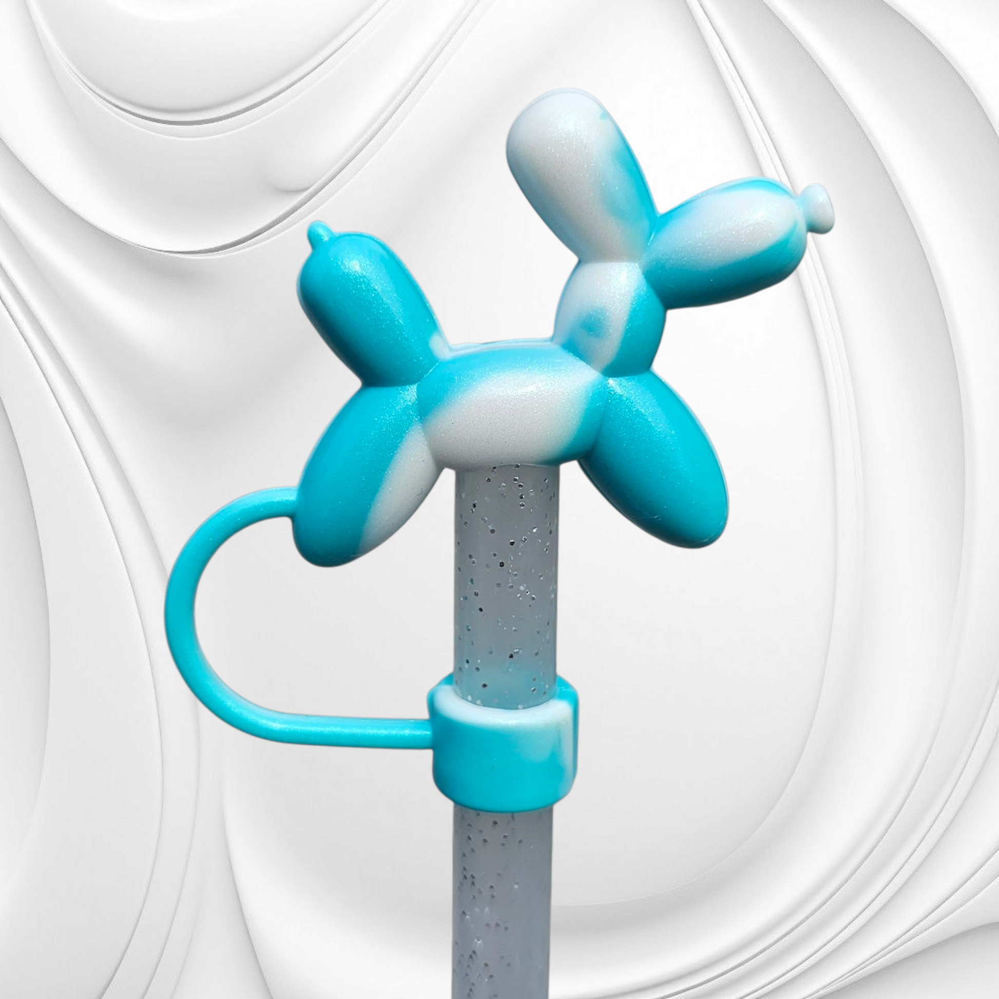 Tiffany Blue Shimmer 3D Silicone Balloon Dog Straw Topper. 