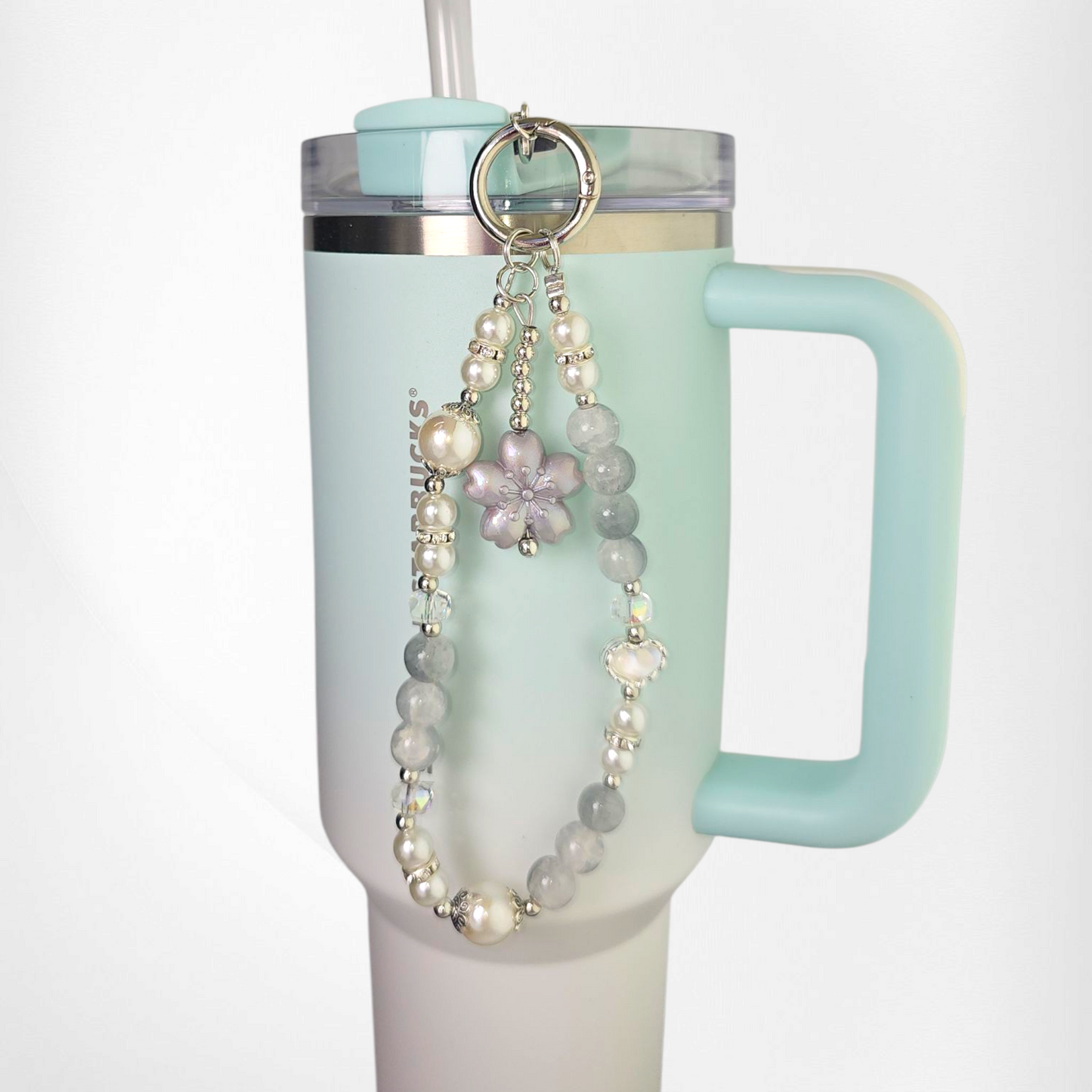 Purple Sakura Flower with White & Grey Marbled Faux Pearl Beads, and White Pearl Heart with Silver Keyring Charm Bracelet. 