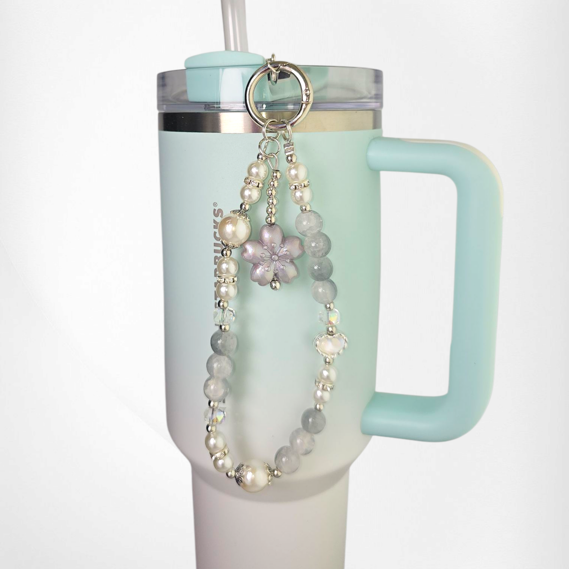 Purple Sakura Flower with White & Grey Marbled Faux Pearl Beads, and White Pearl Heart with Silver Keyring Charm Bracelet. 