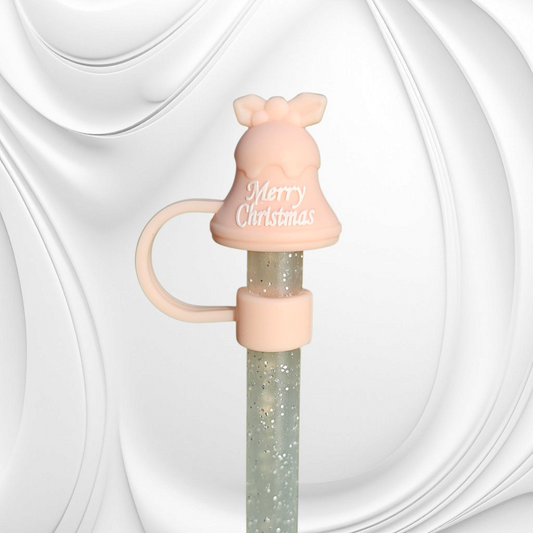 Peachy Pink Christmas Bell 3D Silicone Straw Topper. 