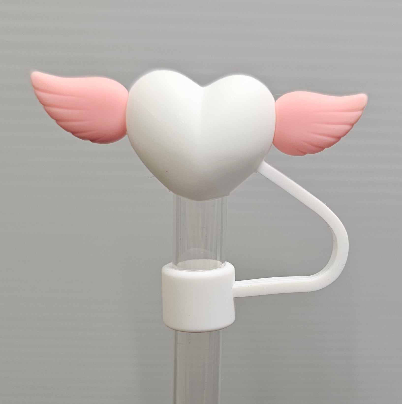 White Heart with Pink Angel Wings 3D Silicone Straw Topper - Straw Cover  - Straw Cap. Fits 10mm and Stanley Straws. 