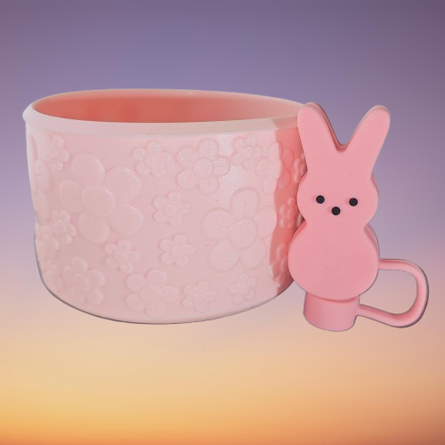 Pearl Pink Shimmer Flower Textured Silicone Tumbler Boot and PEEPS inspired Pink Easter Bunny 3D Silicone Straw Topper Set. 