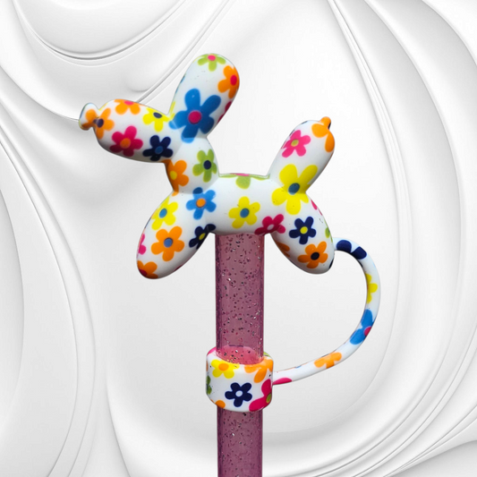 Multicolor floral print 3D Silicone Balloon Dog Straw Topper