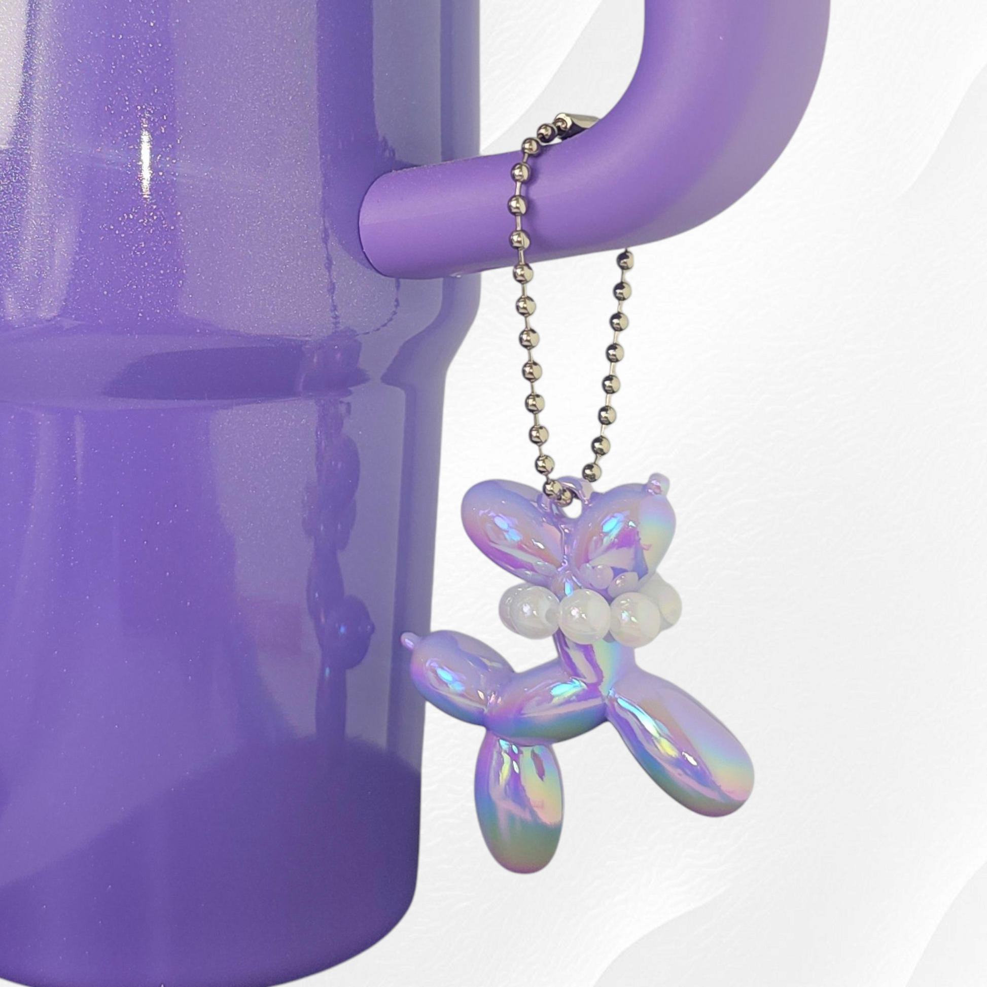 Iridescent Pearlescent Lilac Purple Balloon Dog Charm with Beaded Faux Pearl Necklace. 