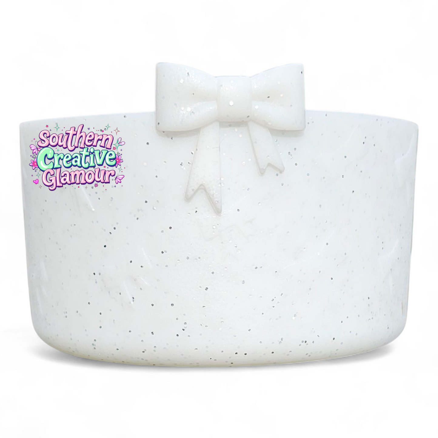 White glitter ribbon bow textured 3D silicone tumbler boot by Southern Creative Glamour 