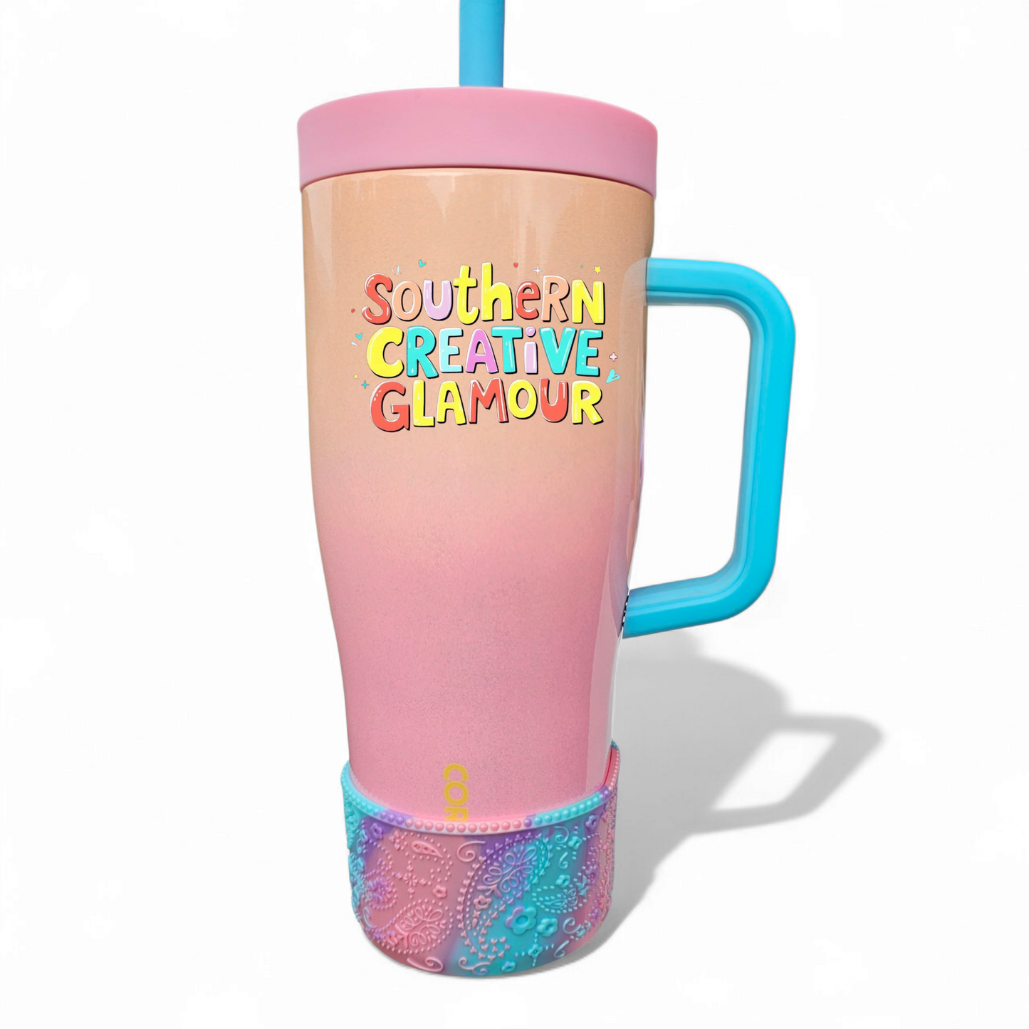 Paisley Silicone Tumbler Boot 22oz Corkcicle fit demonstration. 
