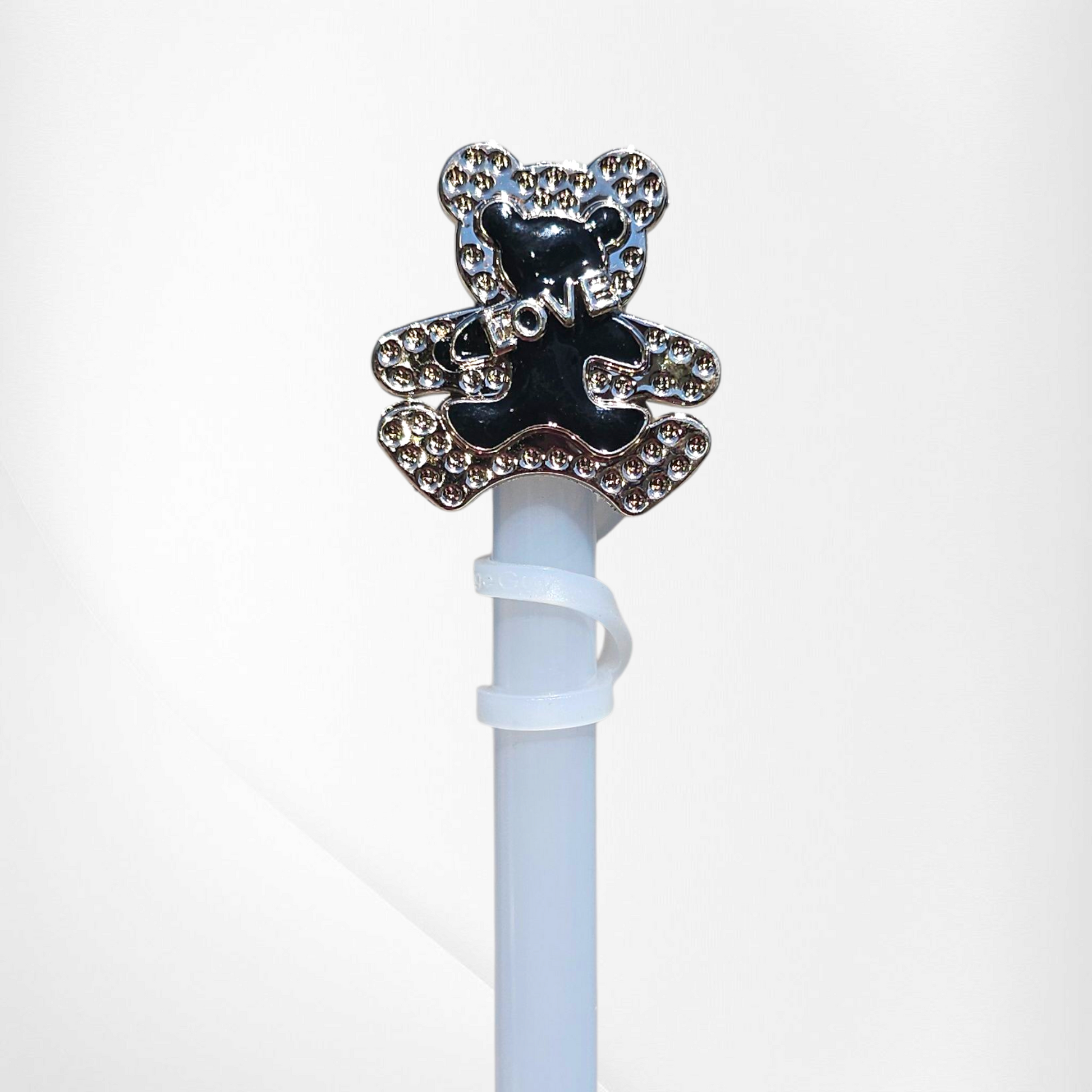 Black teddy bear love silicone straw topper  - straw cover. 