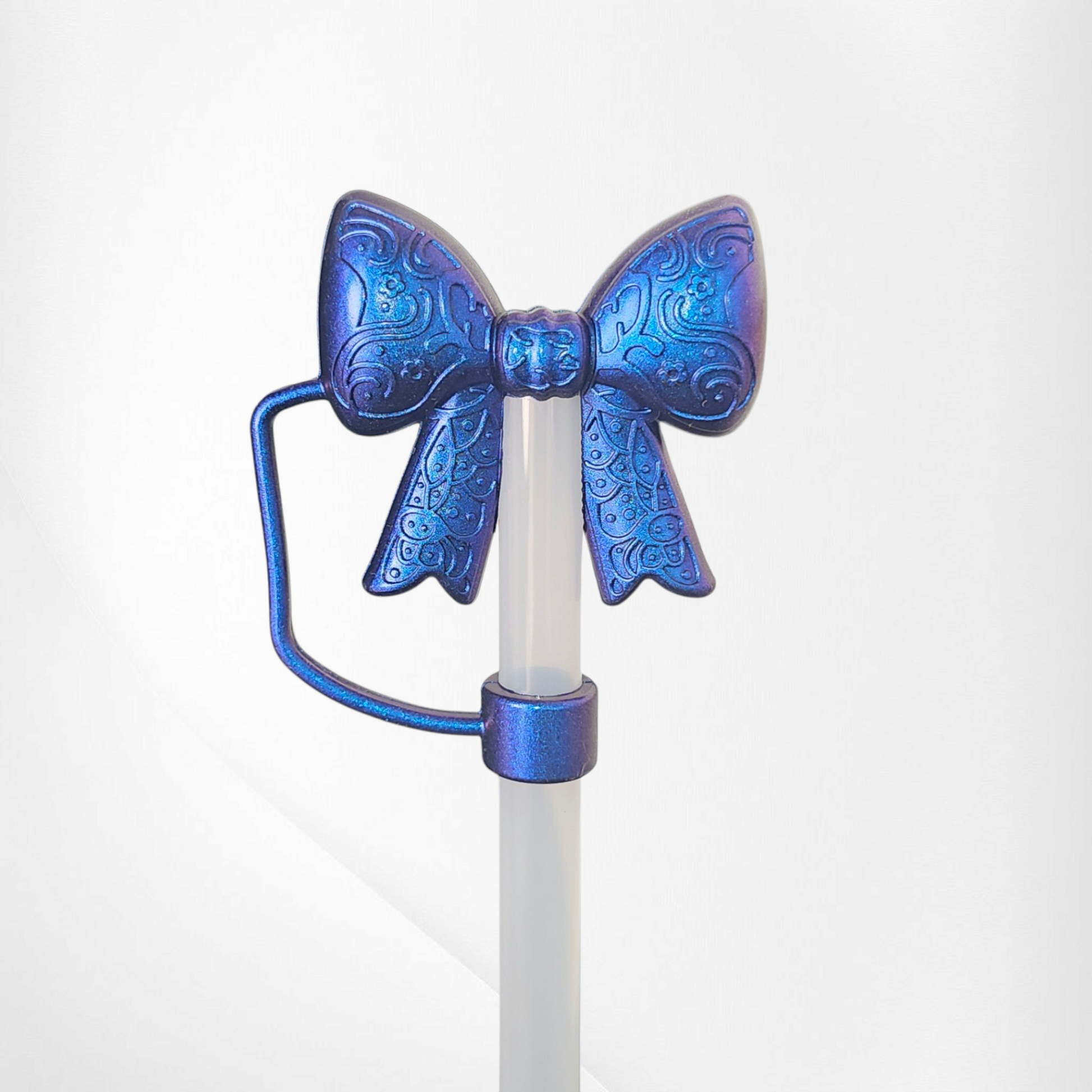 Chameleon blue Shimmer  - Chroma Blue Lace Textured 3D Silicone Ribbon Bow Straw Topper  - Straw Cover by Southern Creative Glamour 