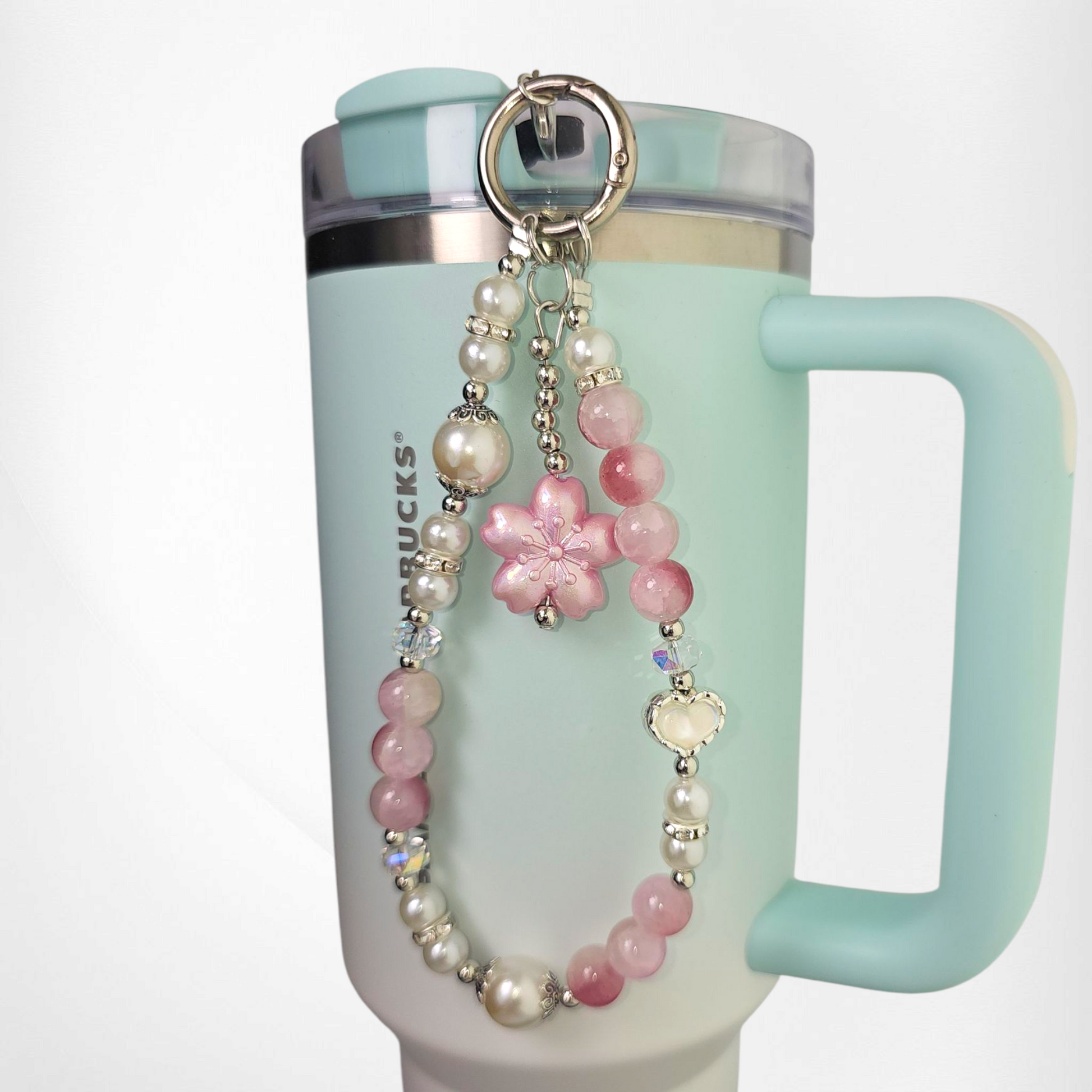 Pink Sakura Flower with White & Pink Faux Pearl Beads, and White Pearl Heart with Silver Keyring Charm Bracelet. 