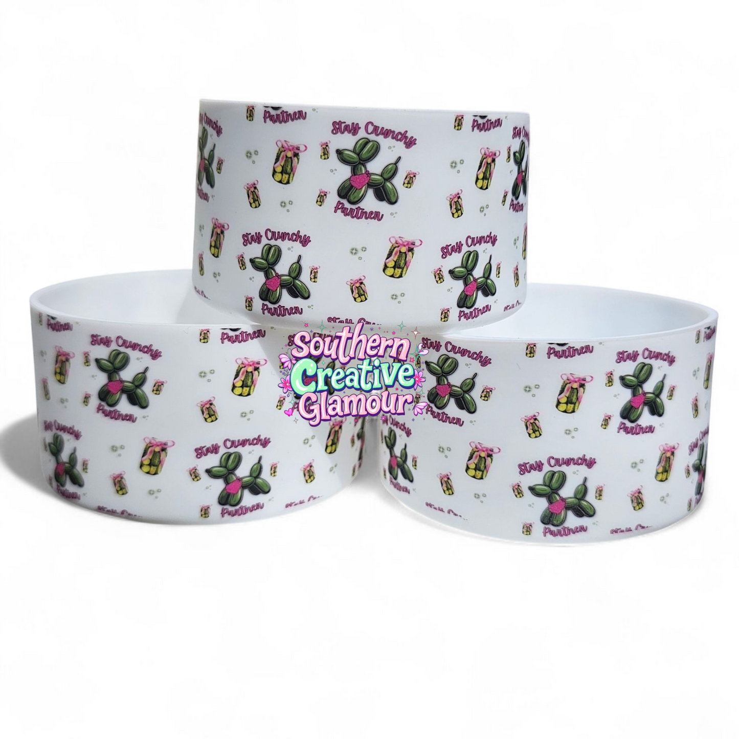Green Balloon Dogs, Green Pickles, and Pink Bows design on a white Silicone Tumbler Boot by Southern Creative Glamour 