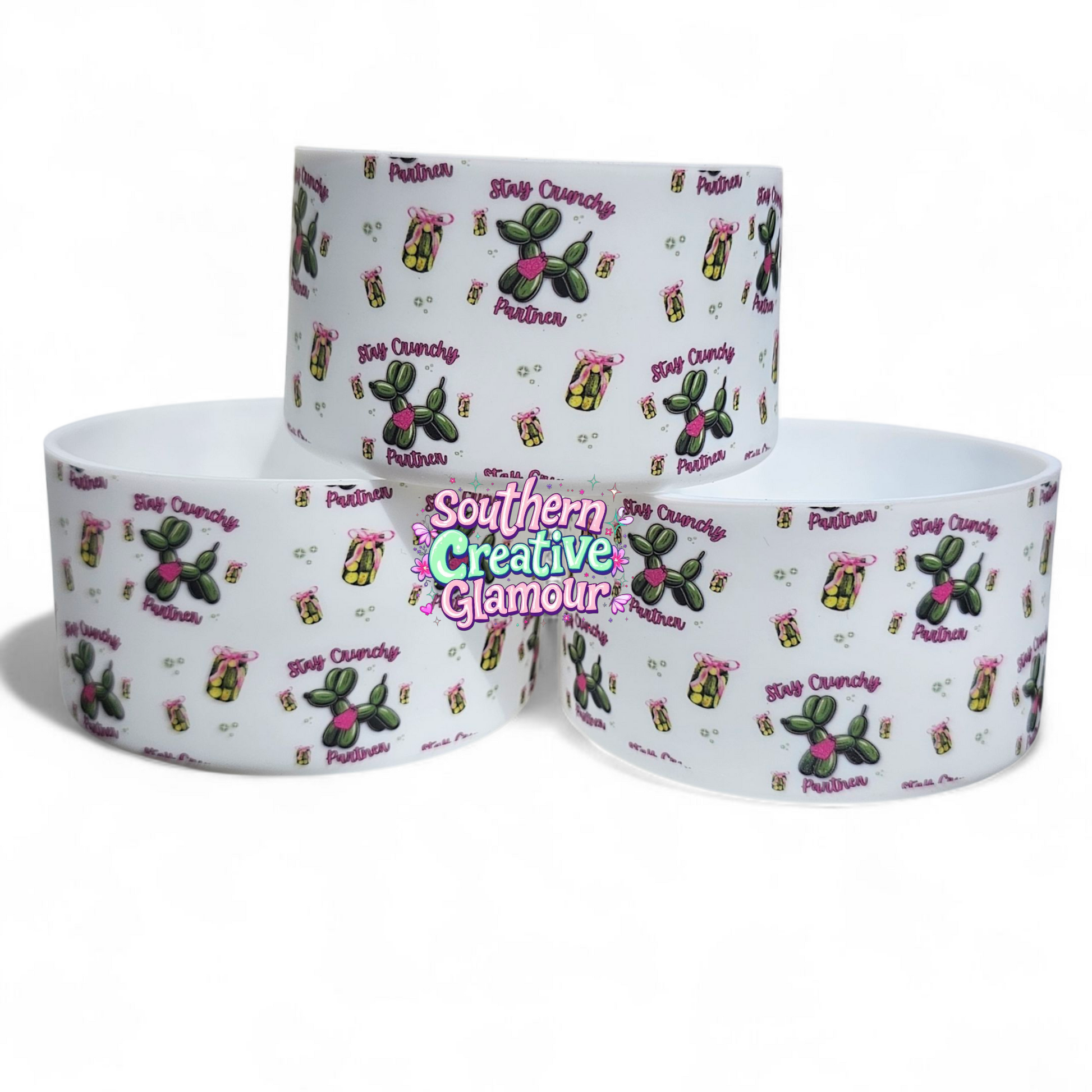 Green Balloon Dogs, Green Pickles, and Pink Bows design on a white Silicone Tumbler Boot by Southern Creative Glamour 