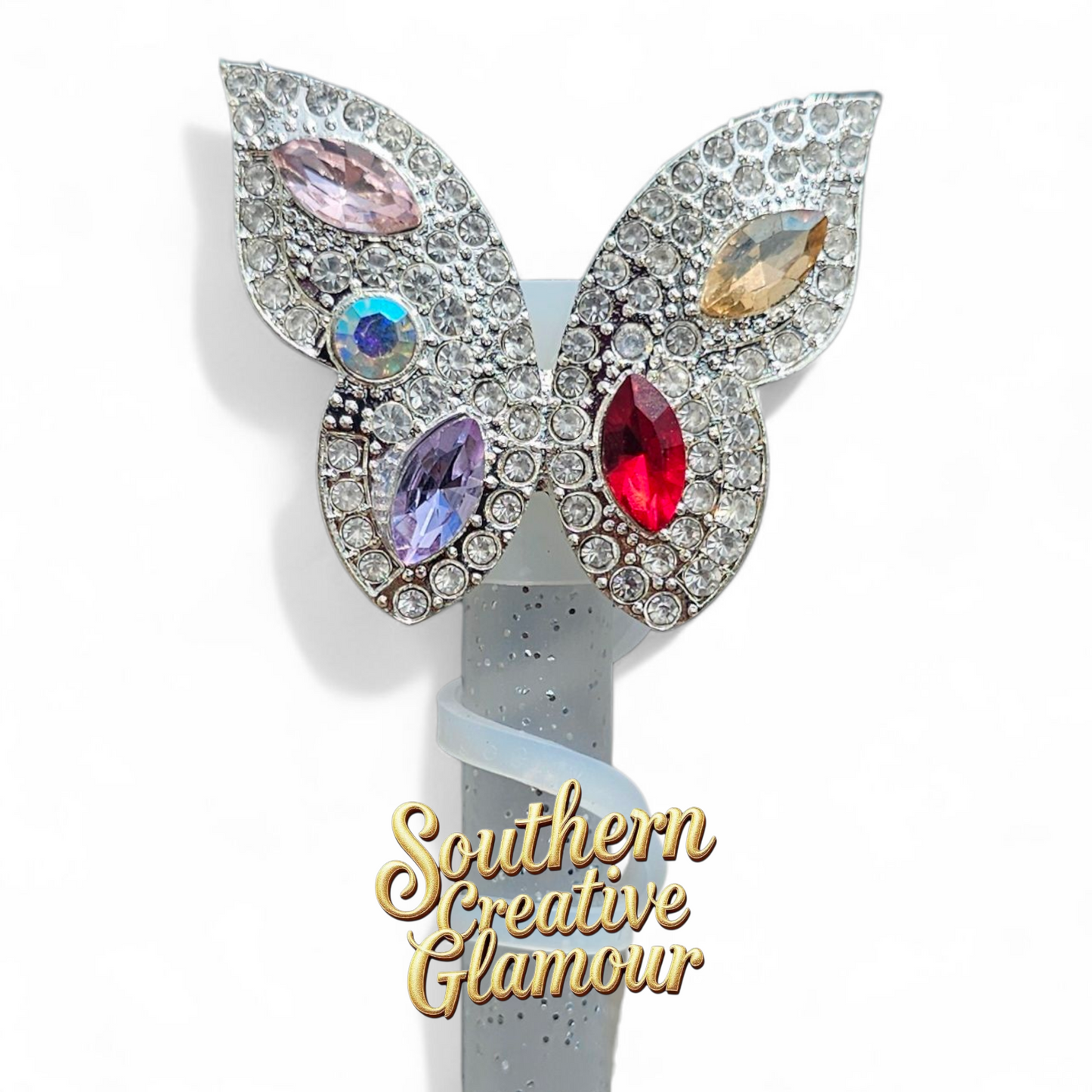 Luxury silver and diamond butterfly straw topper - straw cover by Southern Creative Glamour 