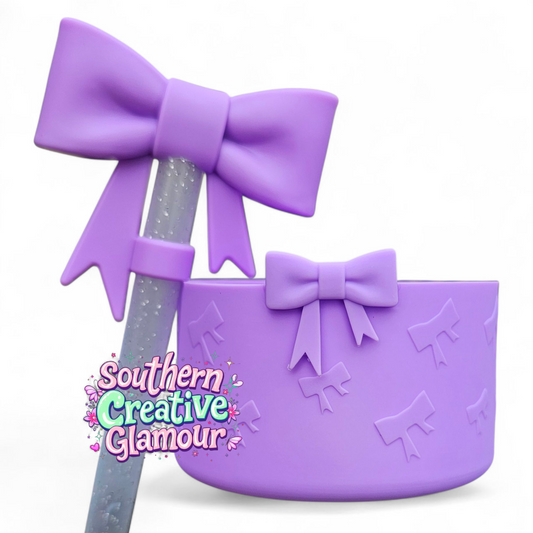 Lilac Purple 3D Bow Textured Silicone Tumbler Boot & Bow 10mm Straw Topper Set by Southern Creative Glamour 