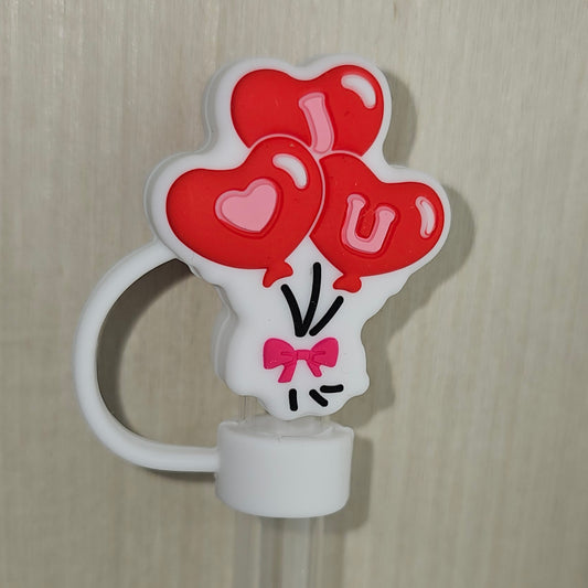 Ruby Red Hearts Balloons 
" I Love You  " 3D Silicone Straw Topper  - Straw Cover  - Straw Cap. 