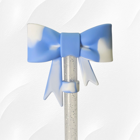 Heather Blue and White Princess Bow 3D Silicone Straw Topper 