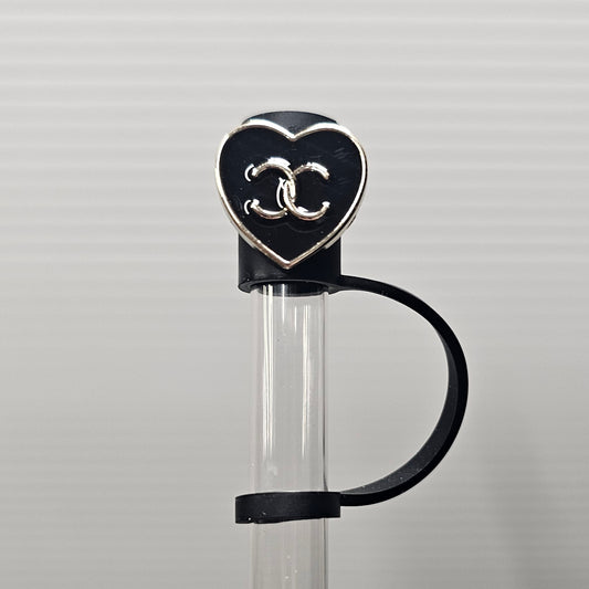 Luxury CC Heart Silicone Straw Topper  - Silver & Black