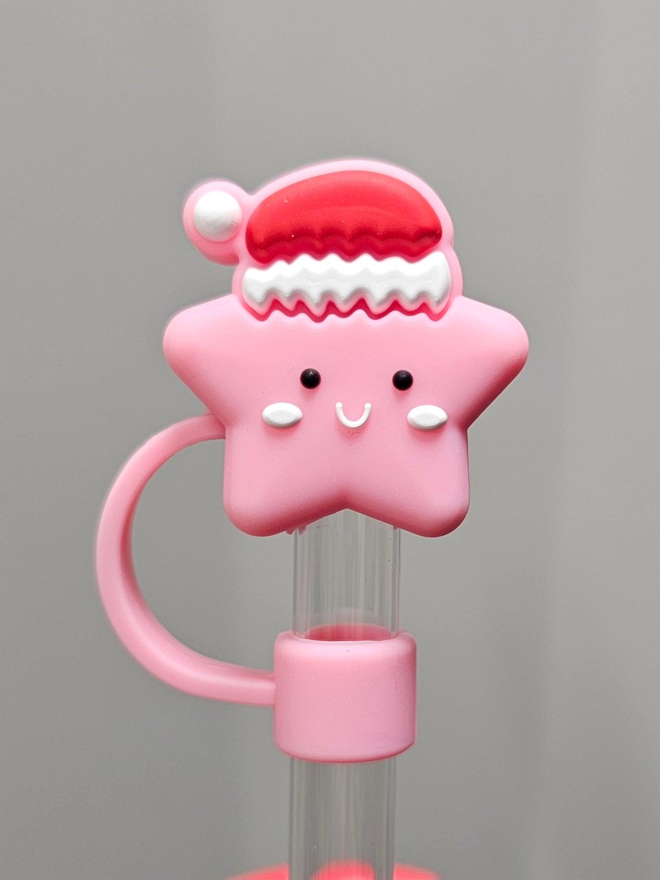 Pink Star wearing red Santa Hat 3D Silicone Straw Topper  - Straw Cover 