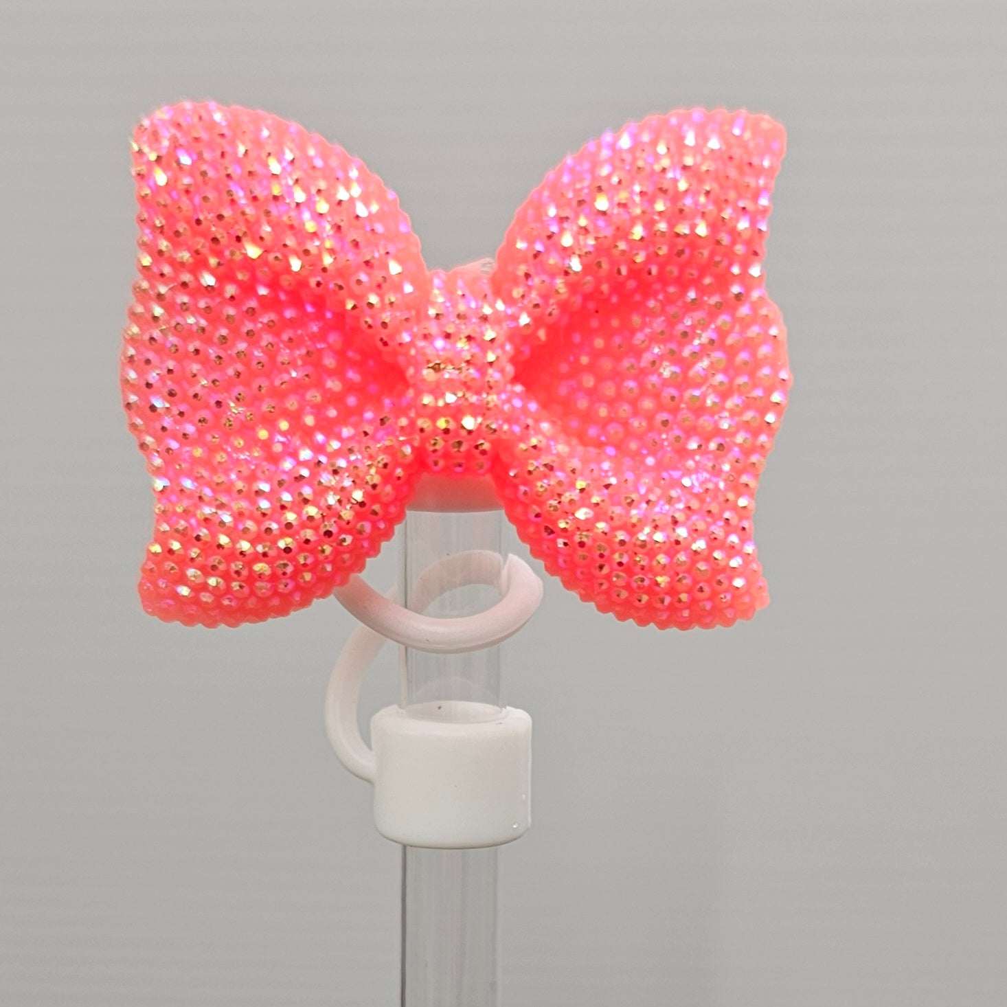 Coral Pink Glitter Bow with white Silicone Straw Topper base. Straw Cover  - Straw Topper 