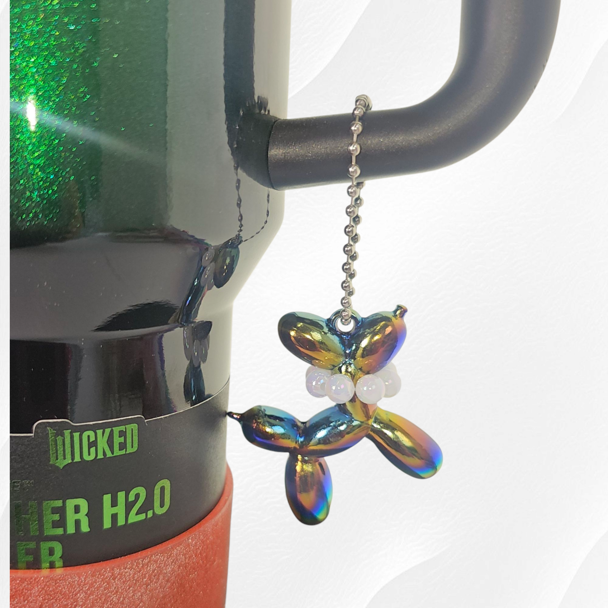 Iridescent Pearlescent Chrome Balloon Dog Charm with Beaded Faux Pearl Necklace. 