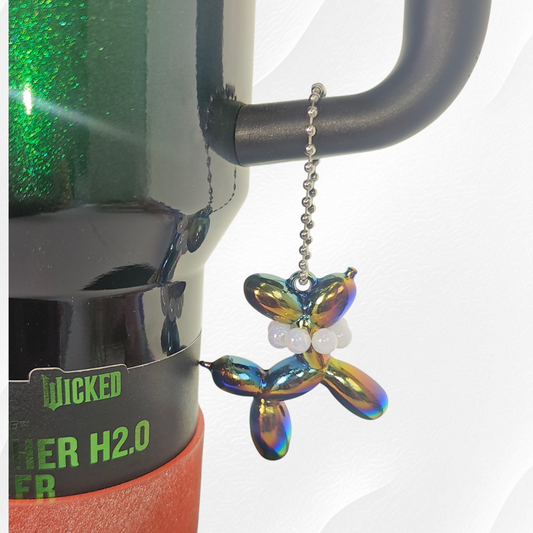 Iridescent Pearlescent Chrome Balloon Dog Charm with Beaded Faux Pearl Necklace. 
