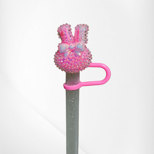 Bling Glitter Pink princess bunny Silicone Straw Topper 