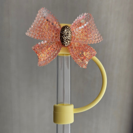 Coral Fusion  / Peaches N Cream and Gold Glitter and gold croquet ribbon bow silver straw topper  - straw cover 