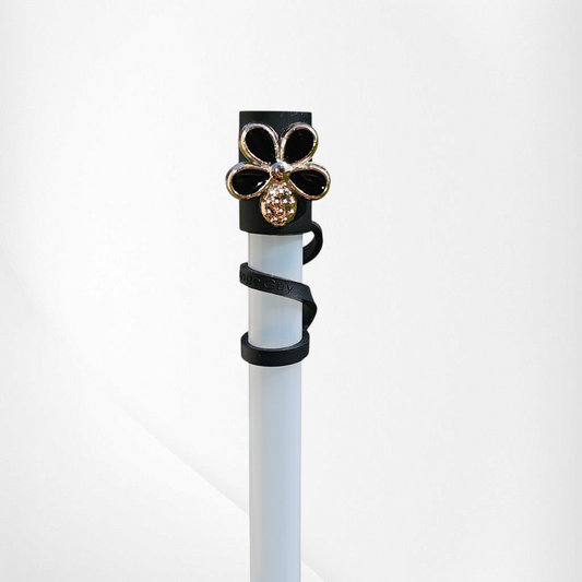 Luxury Gold and Black flower Silicone Straw Topper  - Straw Cover Stanley 