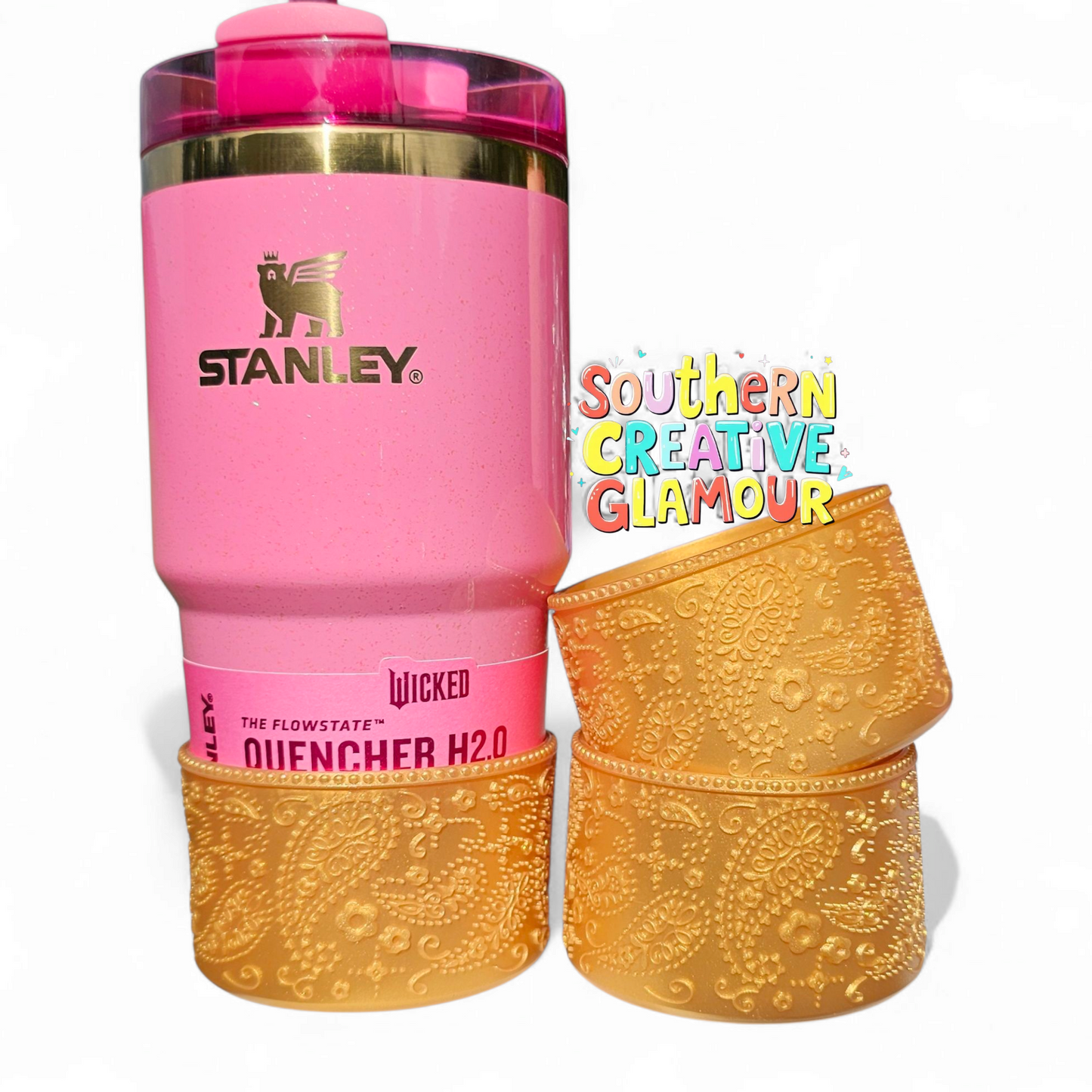 Princess Paisley Silicone Tumbler Boot & Bow Straw Topper Set |  Gold Shimmer