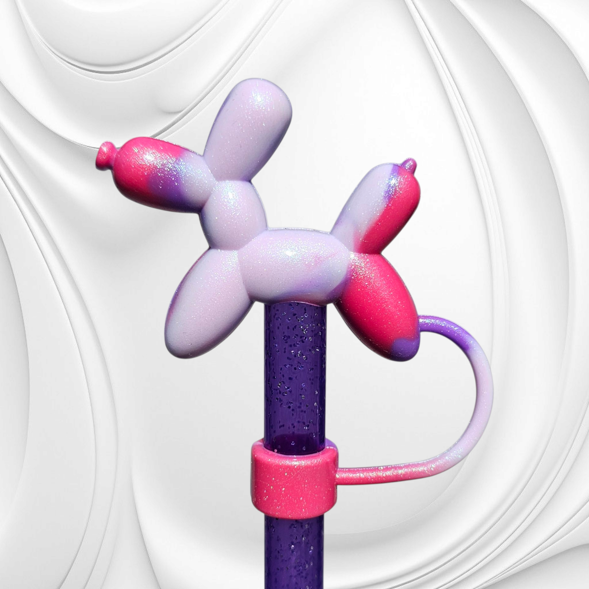 Pink, Light Purple, Purple Swirl Shimmer 3D Silicone Balloon Dog Straw Topper by Southern Creative Glamour 