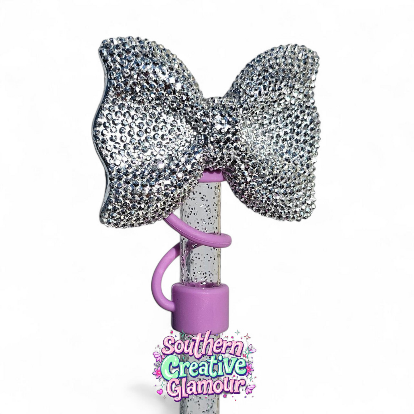 Silver Glitter Bow with Purple Silicone Straw Topper Base by Southern Creative Glamour 