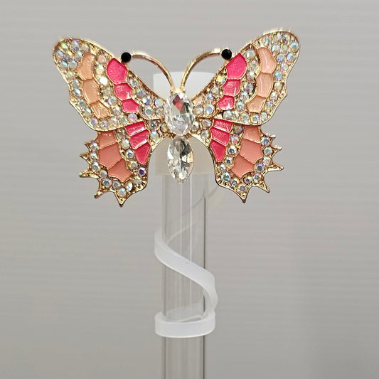 Luxury metal gold, coral Pink, Pink, and diamond butterfly straw topper - straw cover. 