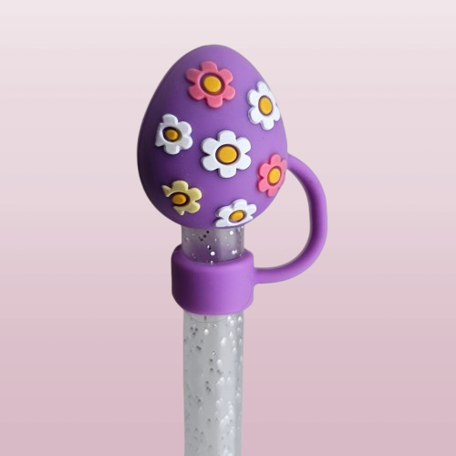 Purple Easter Egg with pink, white, and yellow daisy flowers 3D Silicone Straw Topper  - Straw Cover. Fits 10mm and Stanley Straws. 