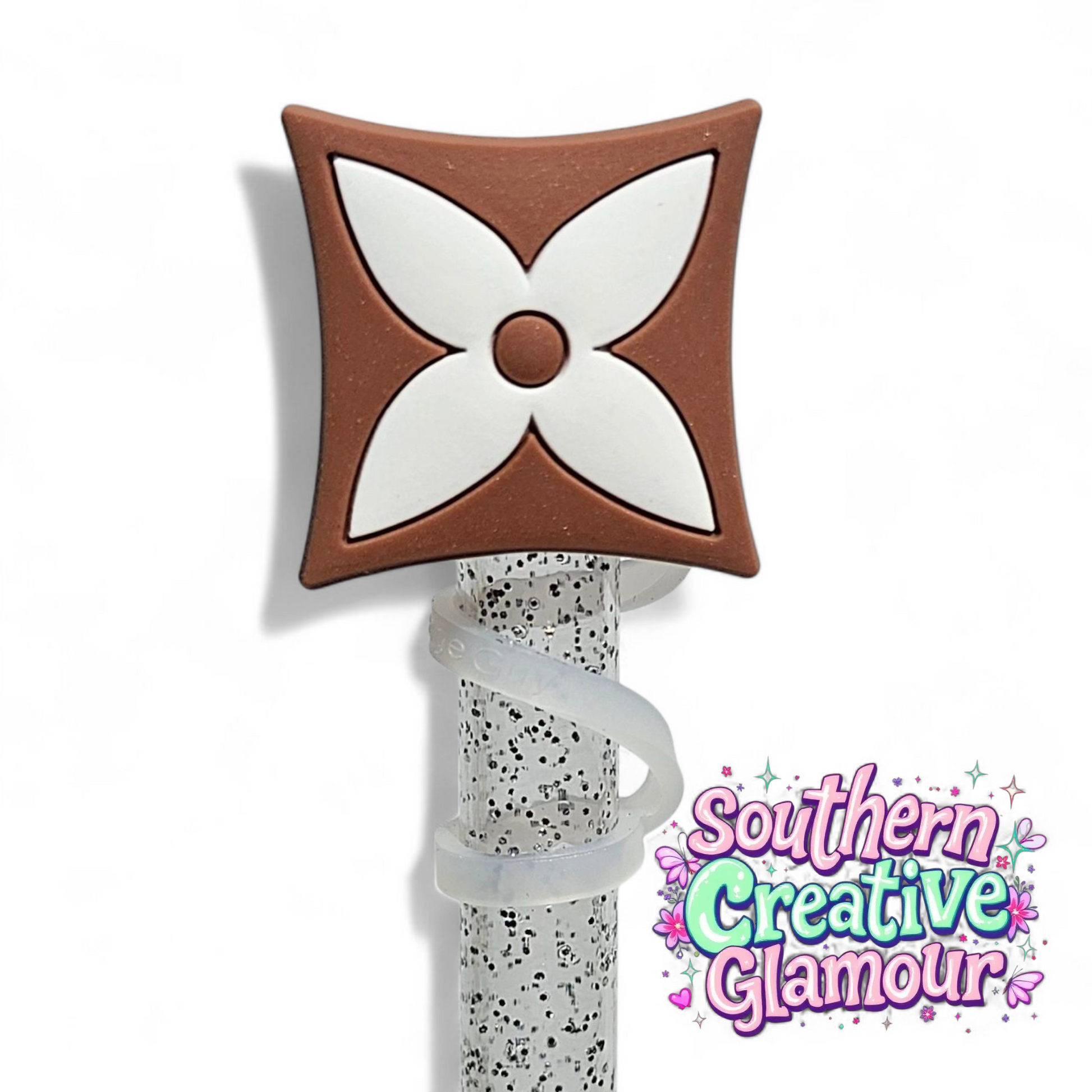 Louis Vuitton " LV " inspired Brown & White 4 Point Star 2D Silicone 10mm Straw Topper by Southern Creative Glamour 