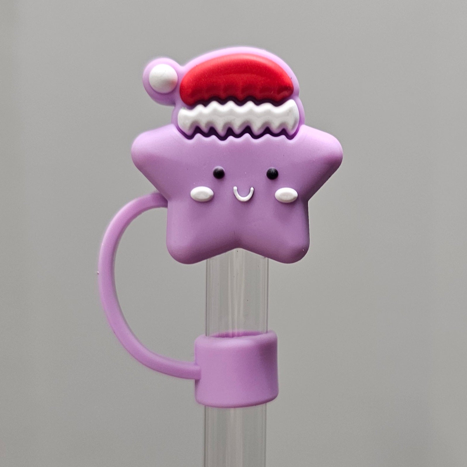 Purple Star wearing red Santa Hat 3D Silicone Straw Topper  - Straw Cover 