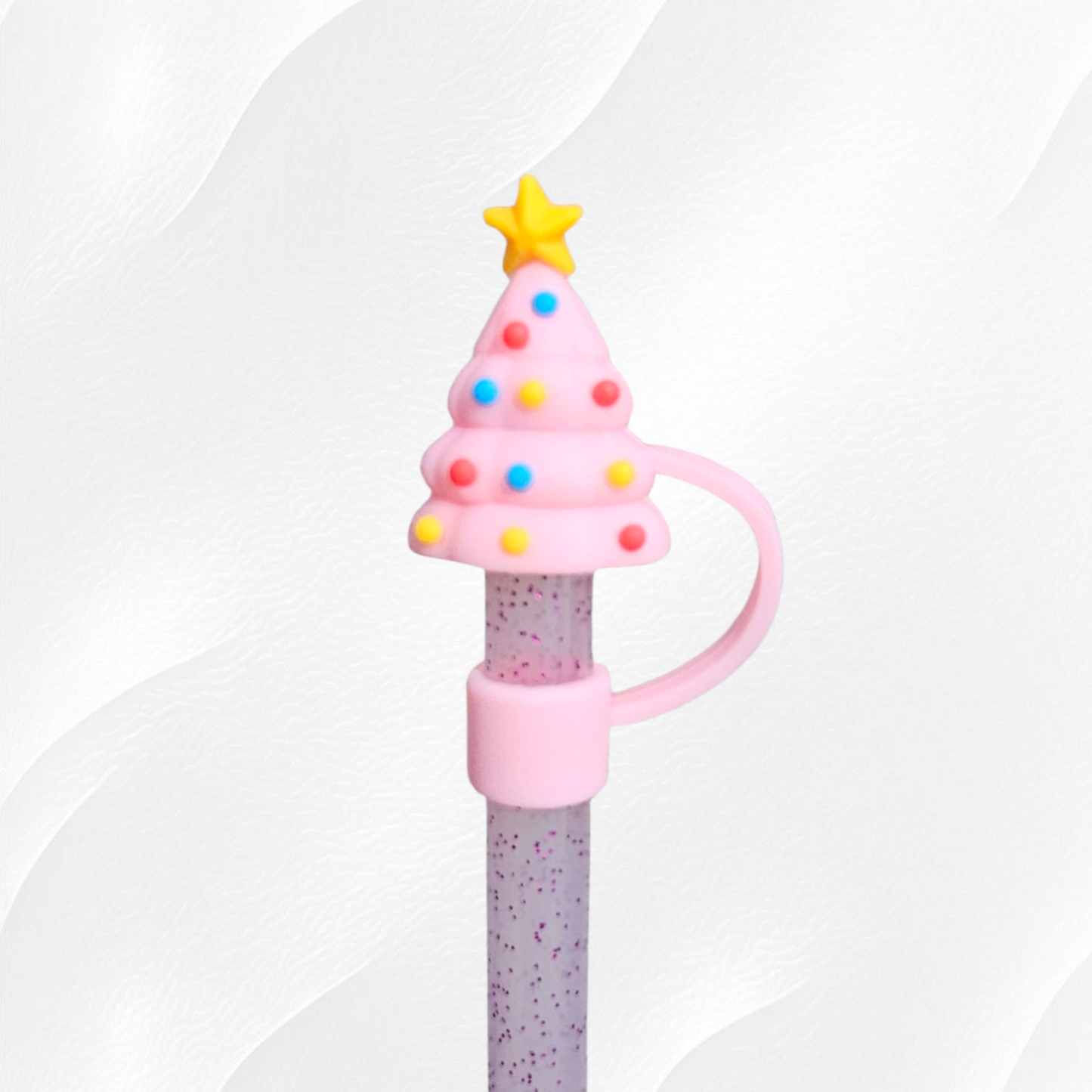 Pink Christmas Tree 3D Silicone Straw Topper. 