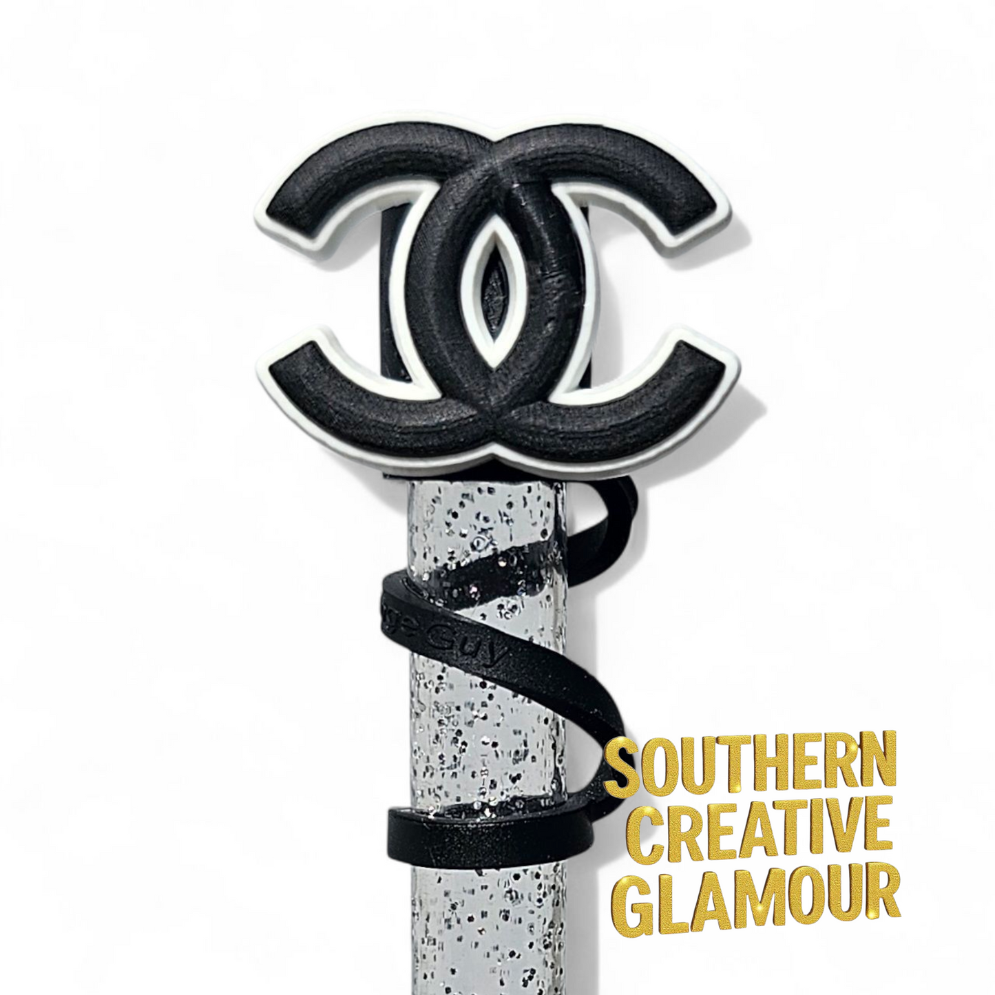 Chanel " CC " Black & White Fashion 2D Silicone 10mm Straw Topper by Southern Creative Glamour 