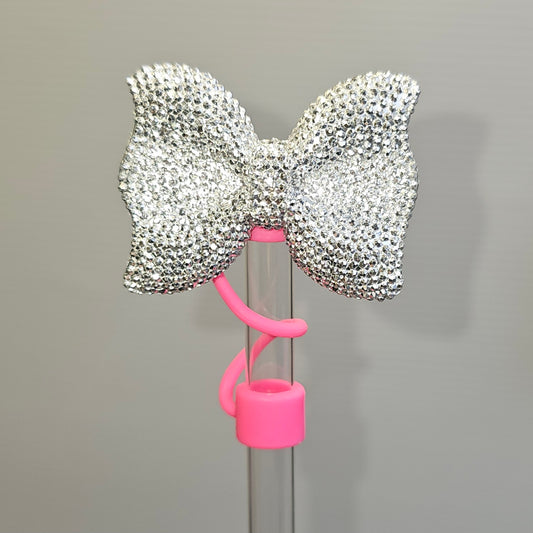 Silver Bow Tie Silicone Straw Topper with Hot Pink  / Barbie Pink Silicone Straw Topper base. 