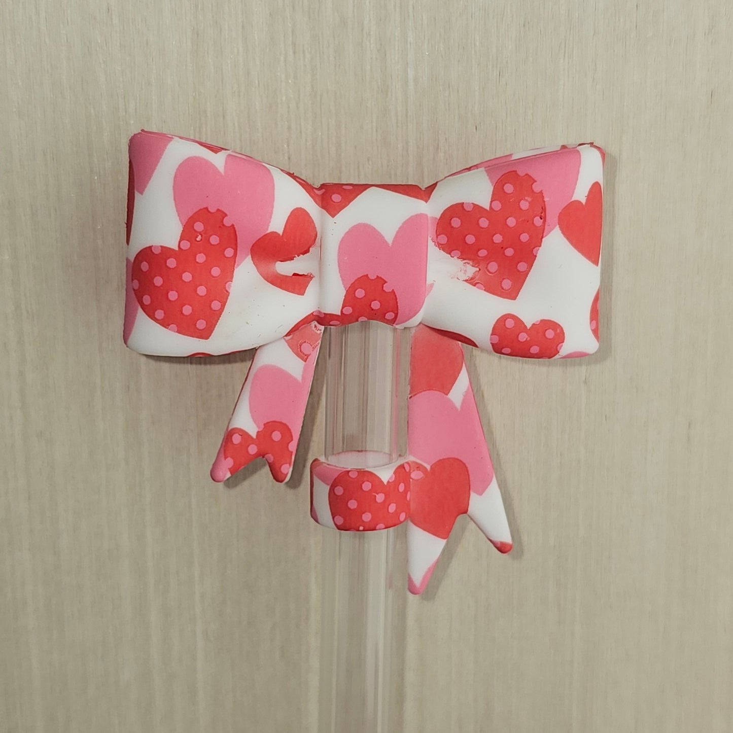 Red and White Hearts 3D Coquette Butterfly Ribbon Bow Silicone Straw Topper  - Straw Cover 