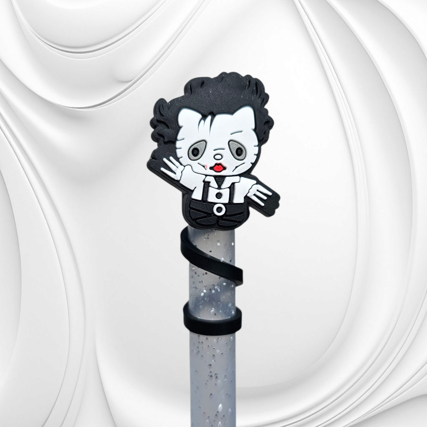 Edward Scissor Hands Hello Kitty inspired Halloween Silicone Straw Topper. 