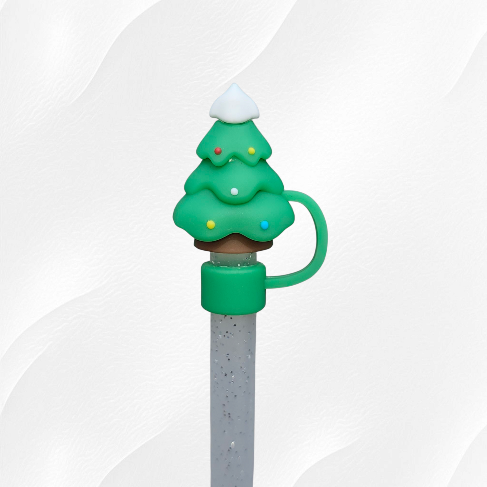 Snow capped green Christmas Tree 3D Silicone Straw Topper 