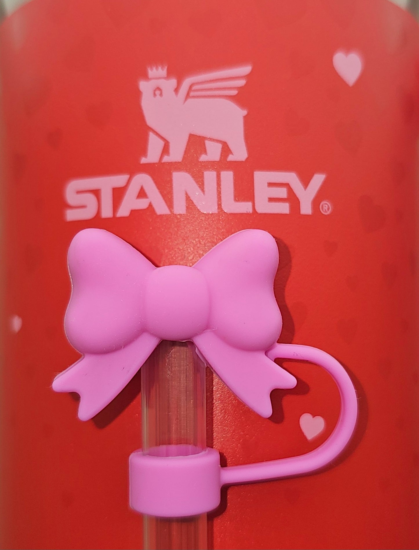 Sweetheart Pink Butterfly Ribbon Bow 3D Silicone Straw Topper  - Straw Cover  - Straw Topper. Pictured with Target Exclusive Valentine's Day Stanley Ruby Hearts. 