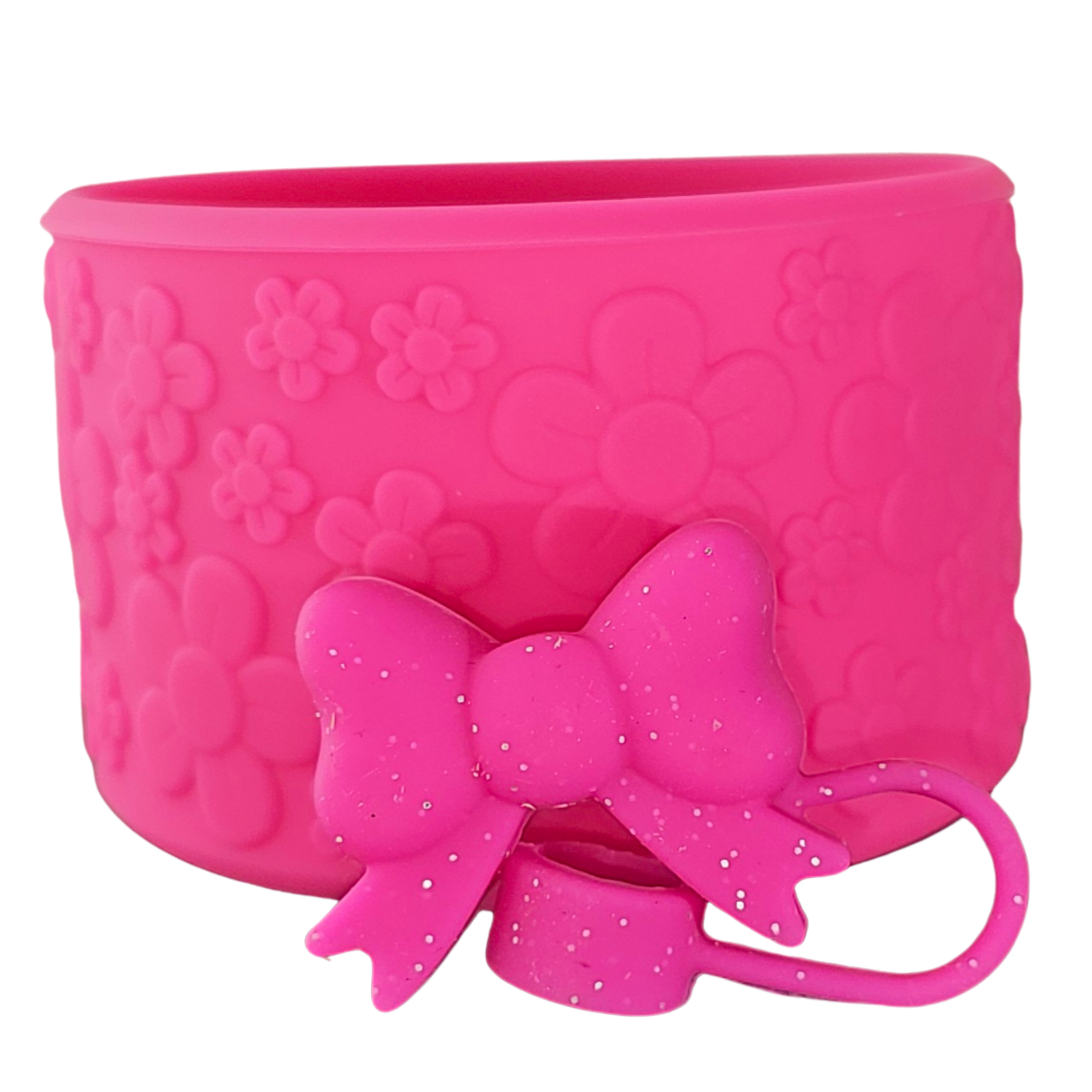 Camelia Pink Textured Flower Silicone Tumbler Boot and Pink Glitter coquette Ribbon Bow Silicone Straw Topper Set. 