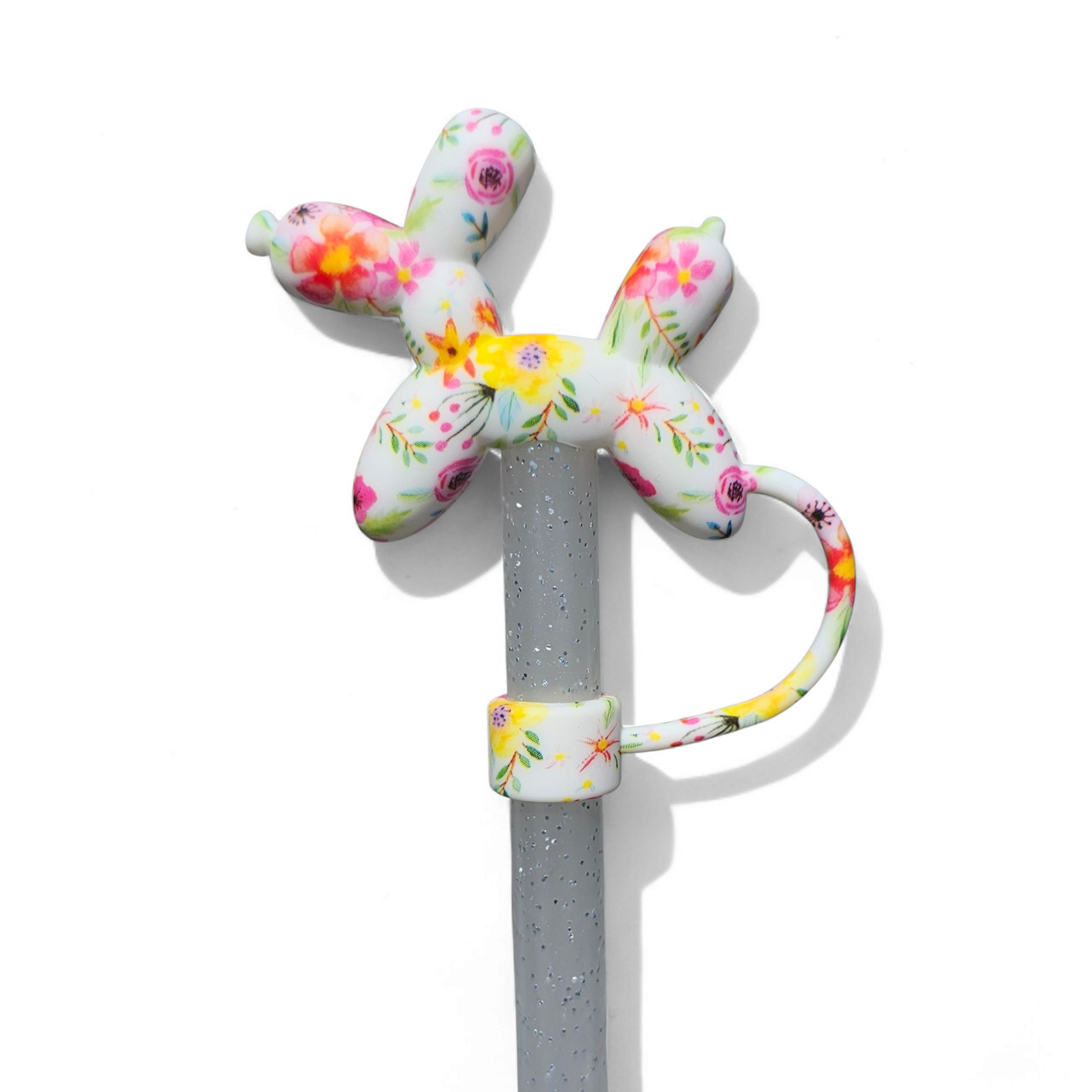 Pink and Yellow Flowers Balloon Dog 3D Silicone Straw Topper