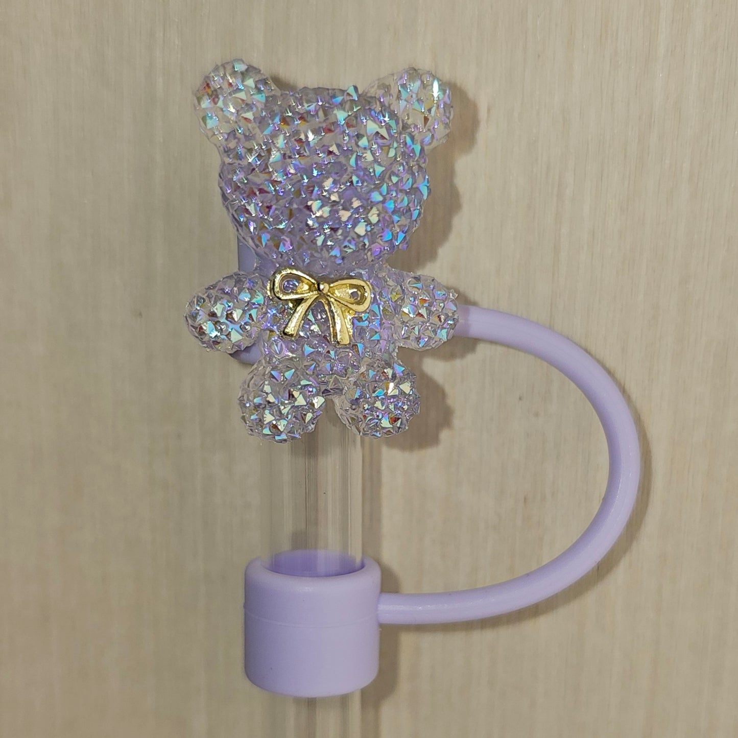 Deluxe Lavender Lilac Purple and Gold  Glitter Teddy Bear Silicone Straw Topper  - Straw Cover 