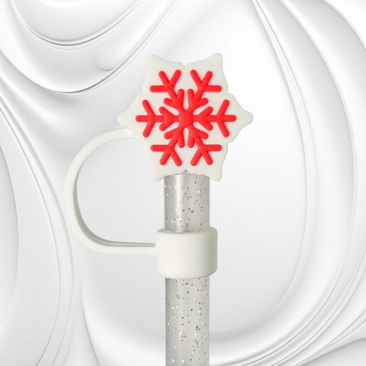 Red and White Snowflake 3D Silicone Straw Topper. 